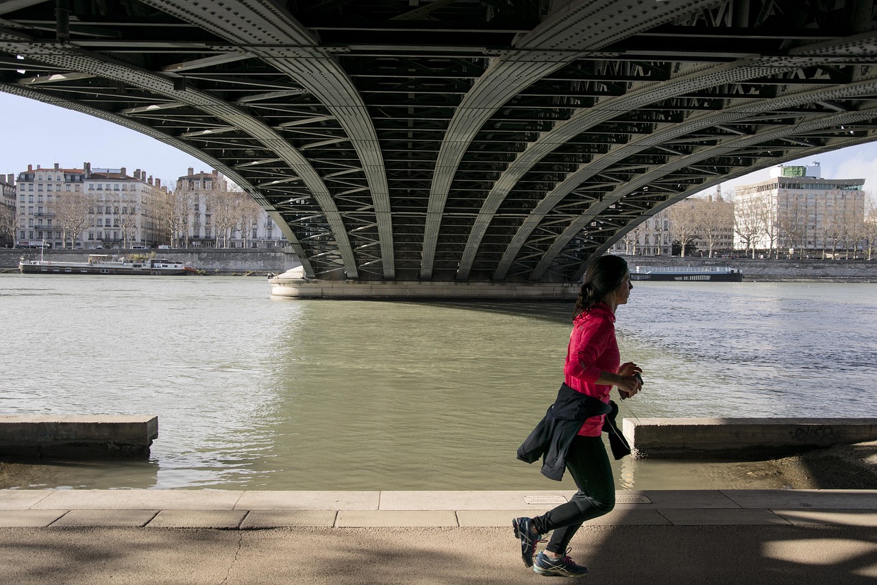 woman, jogging, race, coaching, sport, city, river